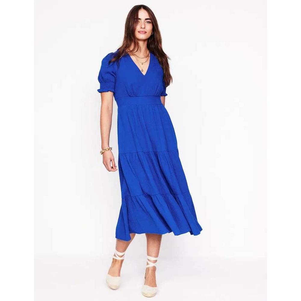 Boden Anna Double Cloth Midi Dress Blue Cotton Tiered V-Neck D1229 US 6P